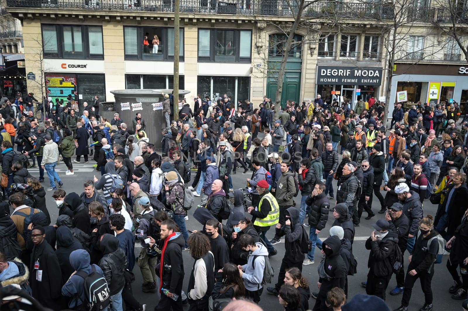 France, Paris, 2023-03-23. Demonstration, Strike, Ninth day of mobilisation against the pension reform. The Parisian procession, near Republique Place, High quality photo