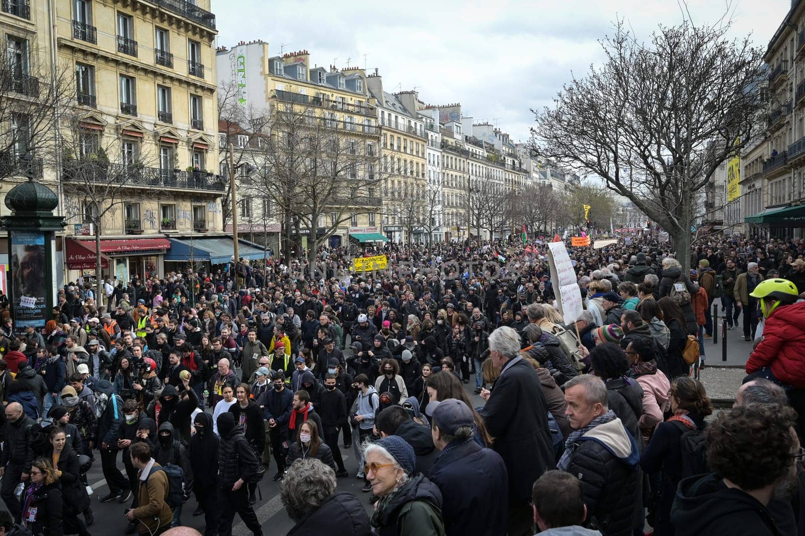 France, Paris, 2023-03-23. Demonstration, Strike, Ninth day of mobilisation against the pension reform. The Parisian procession, near Republique Place, High quality photo