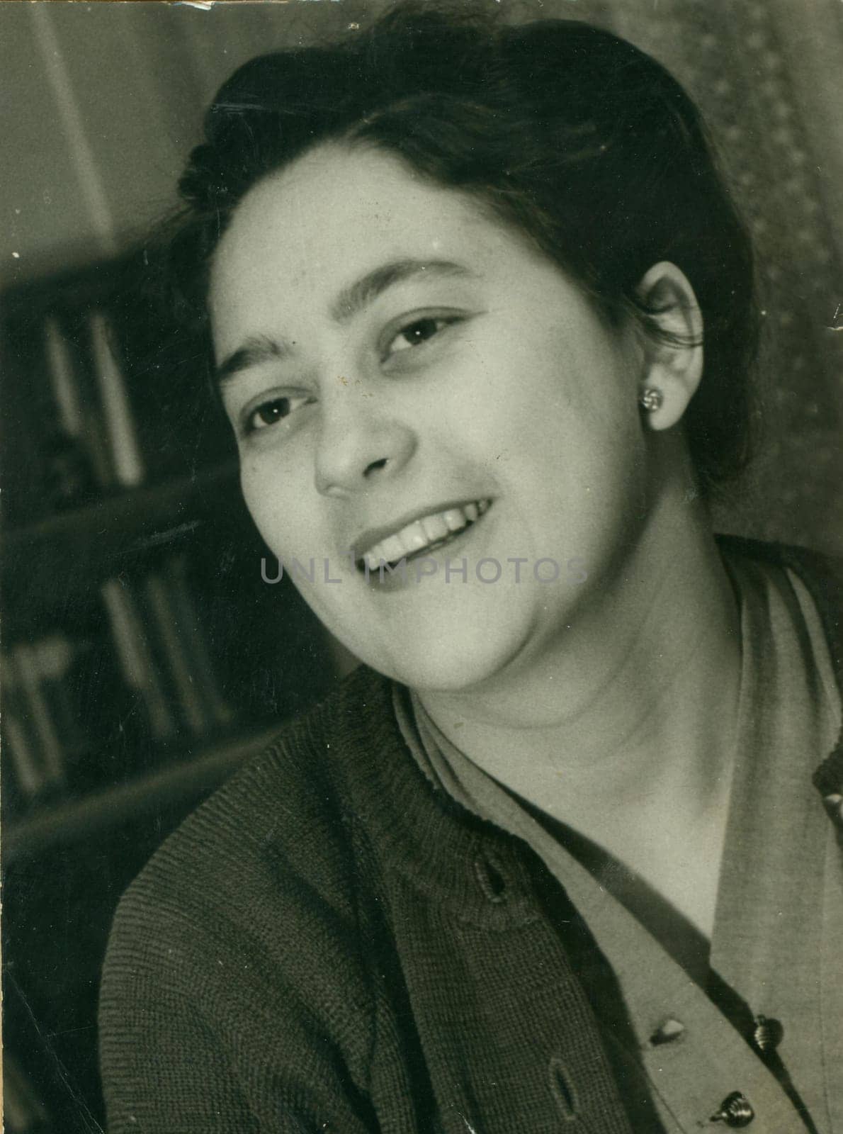 THE CZECHOSLOVAK SOCIALIST REPUBLIC - CIRCA 1960s: Retro photo shows studio portrait of mature woman. Vintage black and white photography.