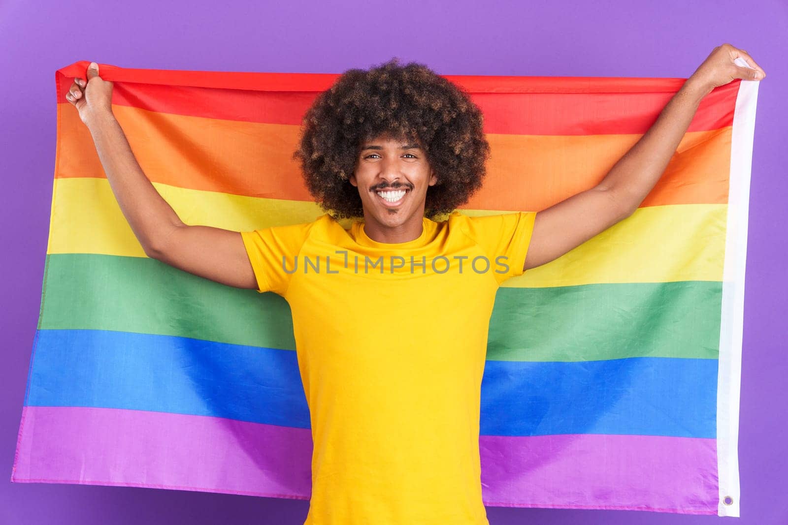 Happy african man raising a lgbt rainbow flag while looking at the camera in studio