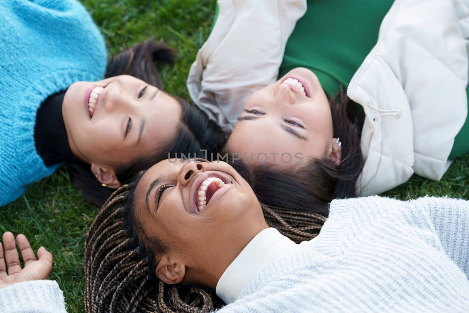 Three multiethnic happy friends lying on the grass looking to the sky and smiling