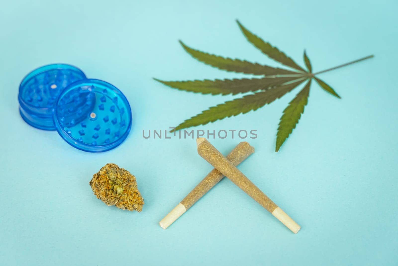 CBD medical marijuana and hemp leaves. Medical cannabis. Organic and natural hemp-based cosmetic and beauty products on turquoise background. High quality photo