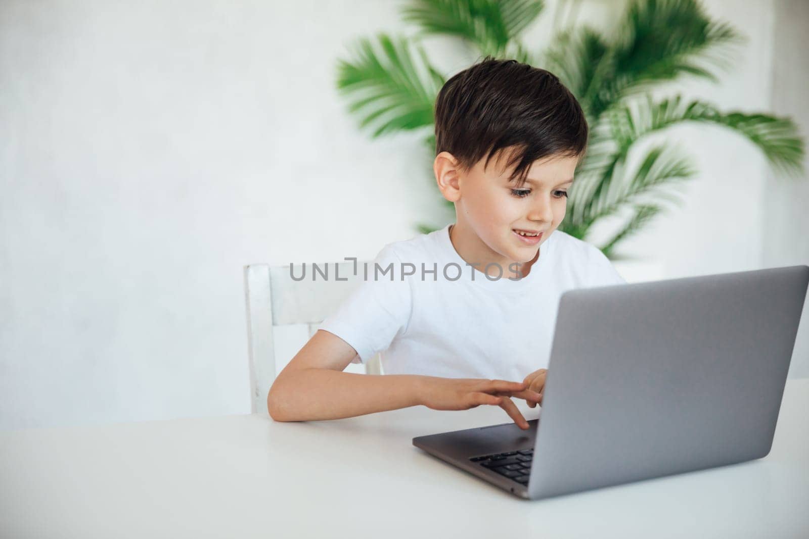 child sits with a laptop at a table in a room with a green plant