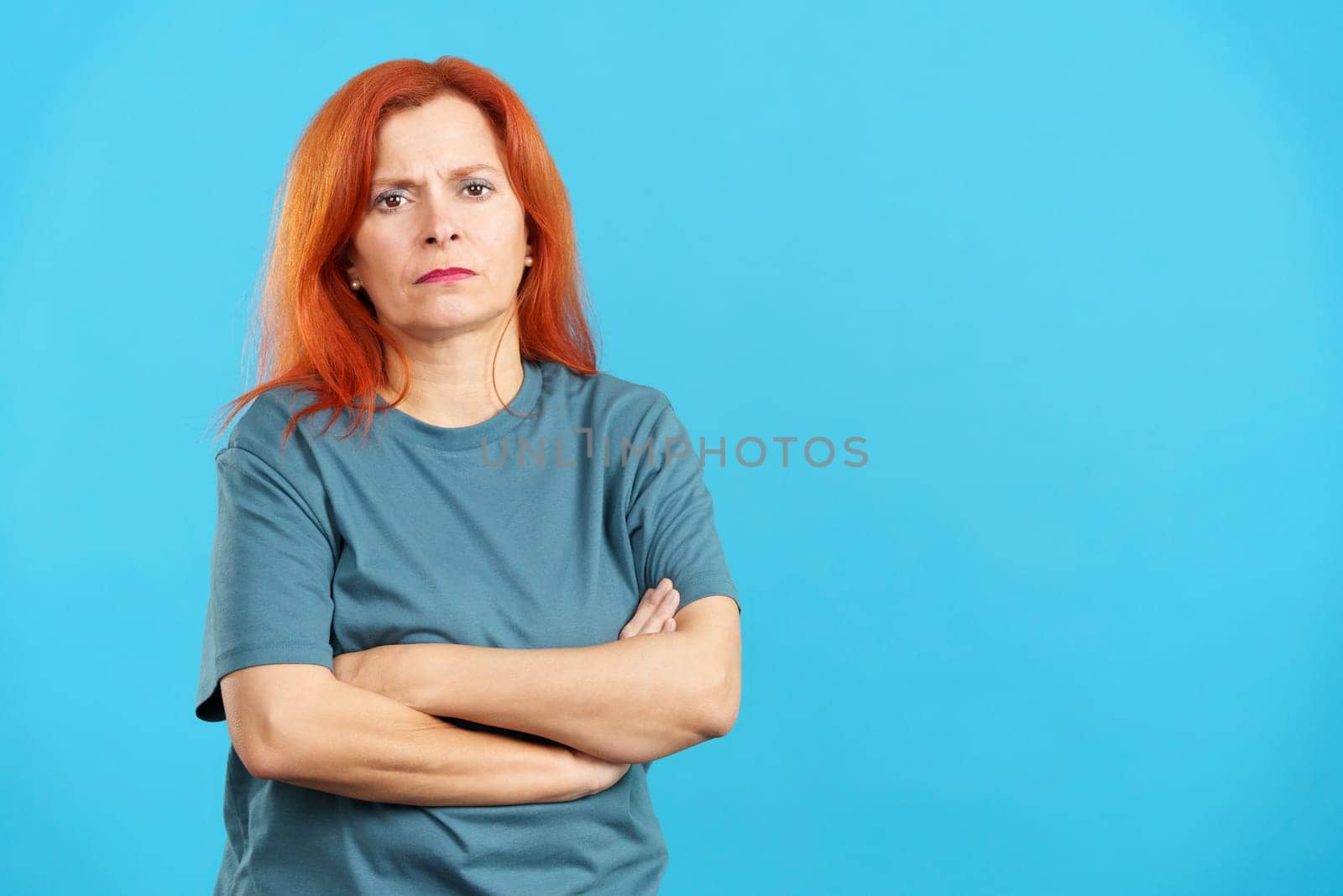 in studio with blue background