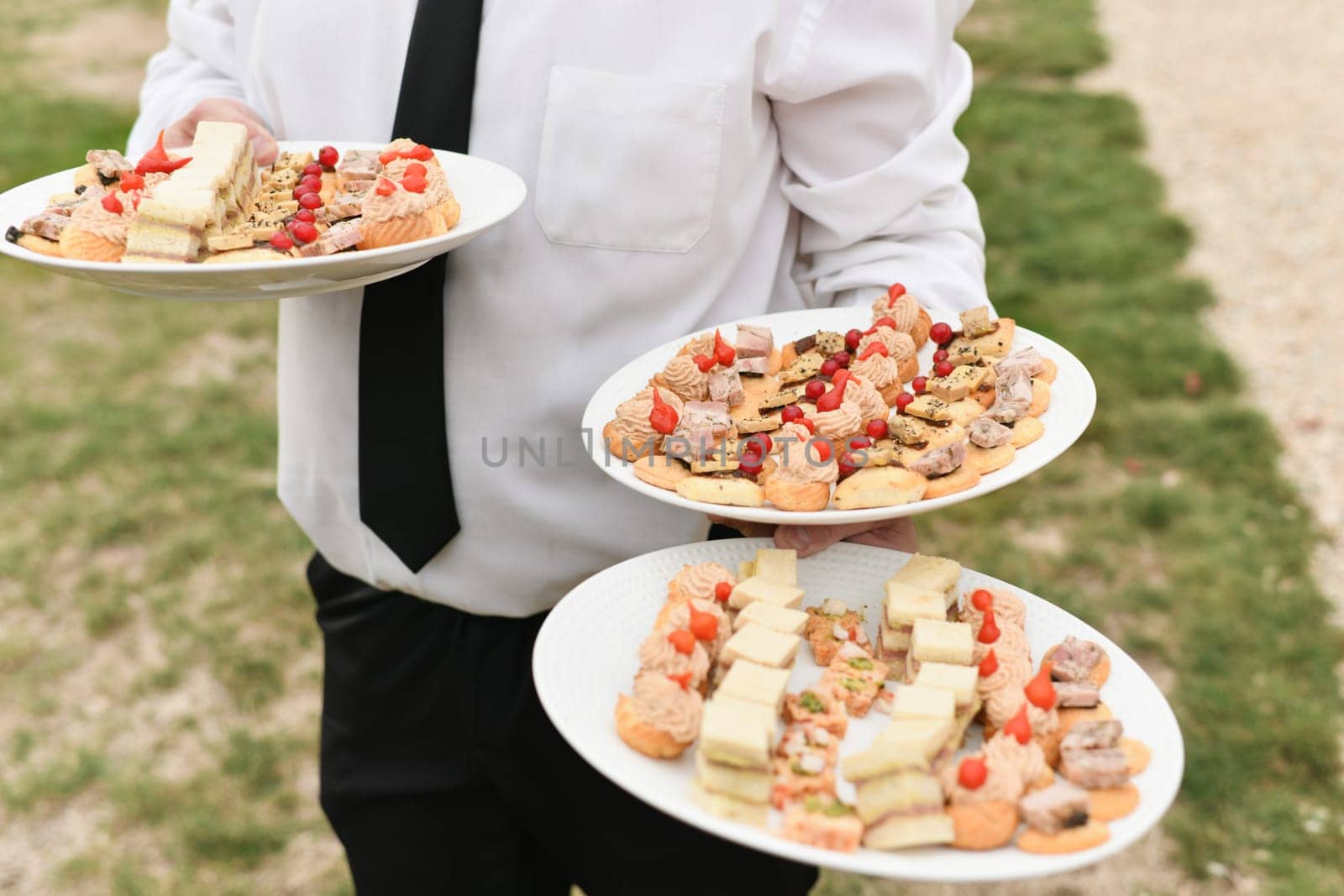 A waiter serves the small appetizers at the wedding