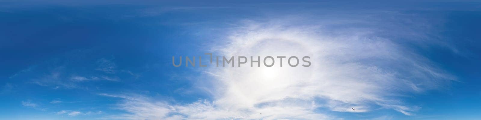 Blue summer sky panorama with light Cirrus clouds. HDR 360 seamless spherical panorama. Full zenith or sky dome for 3D visualization, sky replacement for aerial drone panoramas. by panophotograph