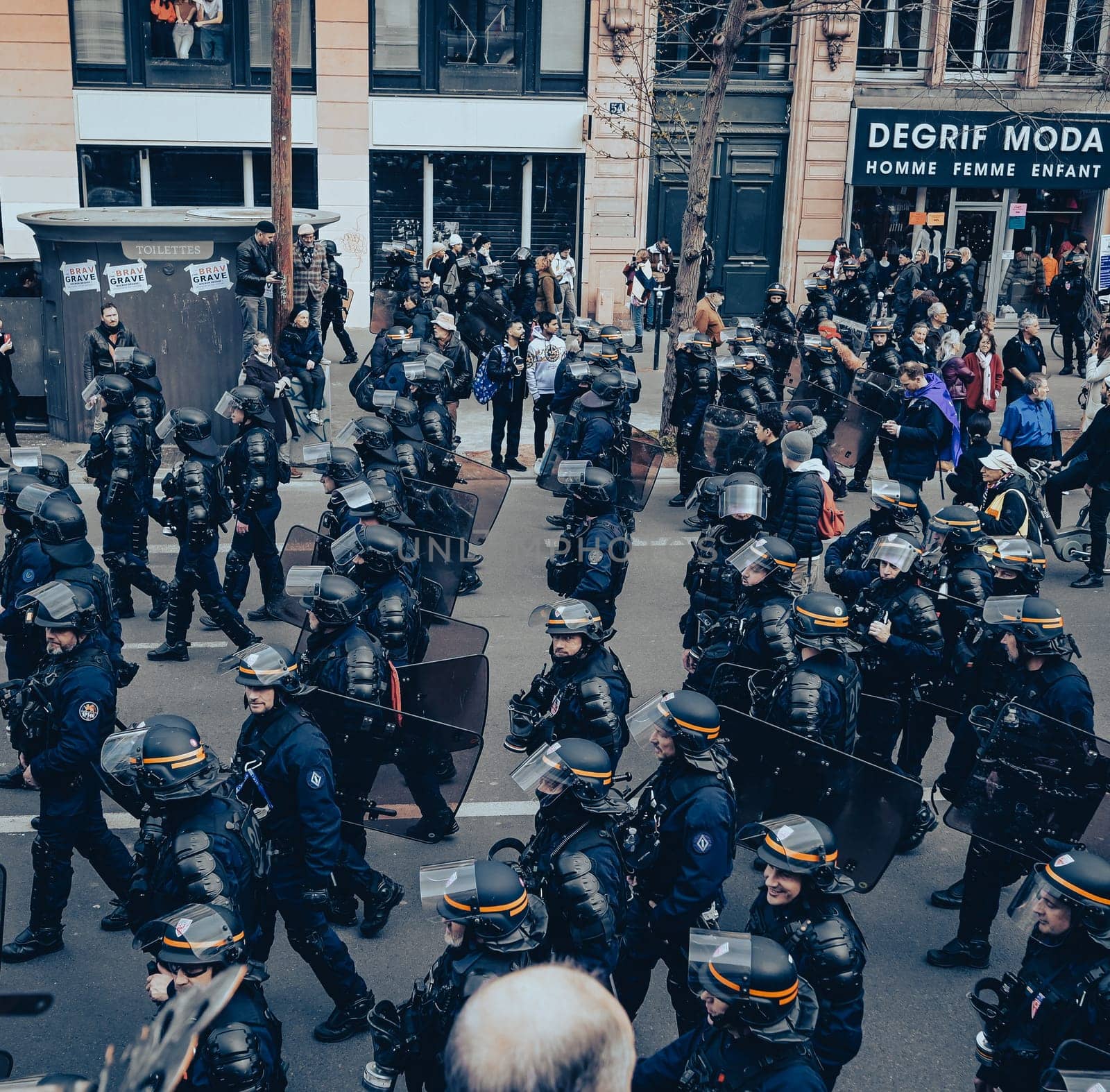 France, Paris, 2023-03-23. Demonstration, Strike, Ninth day of mobilisation against the pension reform. The Parisian procession, near Republique Place, High quality photo