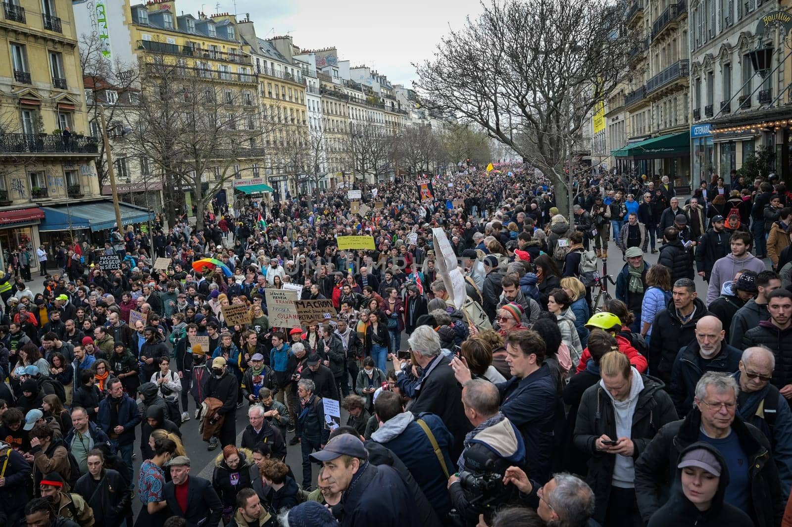 France, Paris, 2023-03-23. Demonstration, Strike, Ninth day of mobilisation against the pension reform. The Parisian procession, near Republique Place, High quality photo