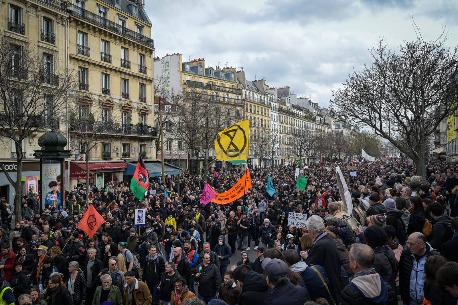 France, Paris, 2023-03-23. Demonstration, Strike, Ninth day of mobilisation against the pension reform. The Parisian procession, near Republique Place, High quality photo