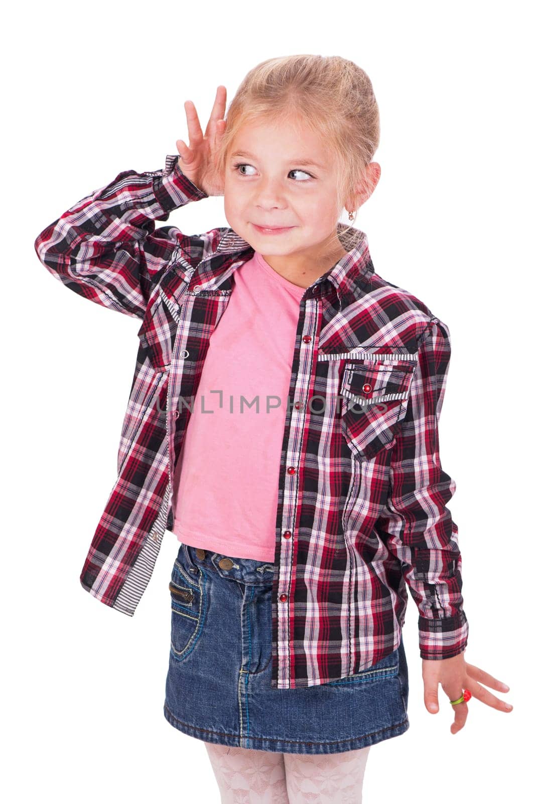 Studio shot portrait of thoughtful little girl who is eavesdropping. Copy space on white background. by aprilphoto