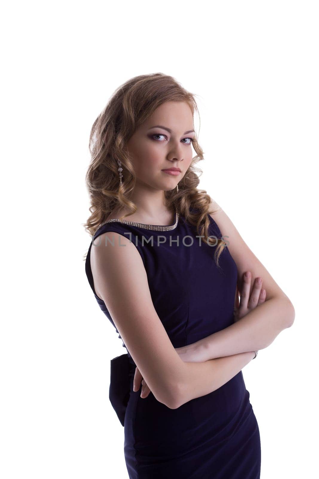 Portrait of attractive girl in blue dress, isolated on white