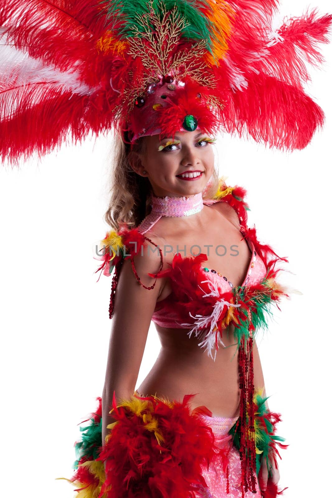 Image of smiling young woman in festival costume, close-up