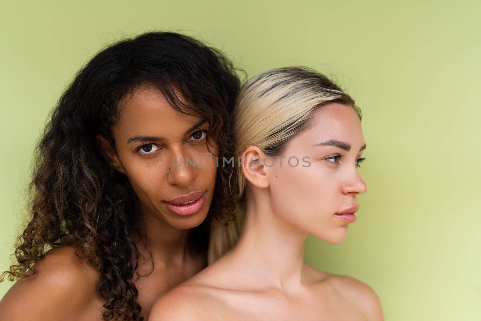 Woman close beauty portrait mixed race black skin and white skin, two female on green background