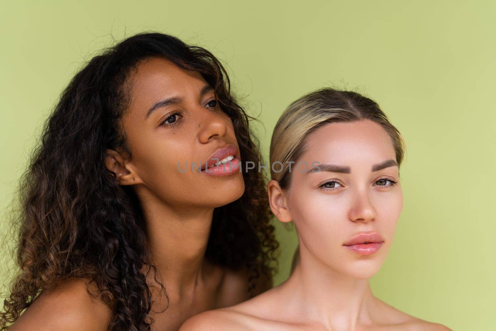 Woman close beauty portrait mixed race black skin and white skin, two female on green background by kroshka_nastya