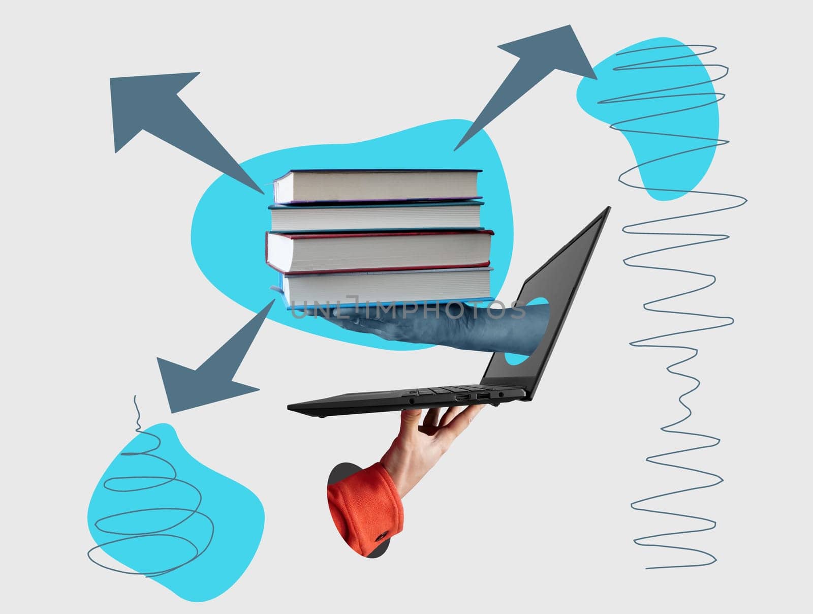 A collage where hands hold a laptop and books as a symbol of online learning. by designer491