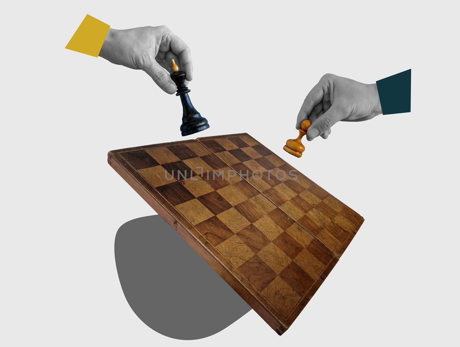 Collage with a chessboard and hands holding a king and a pawn. Business strategy and tactics. by designer491
