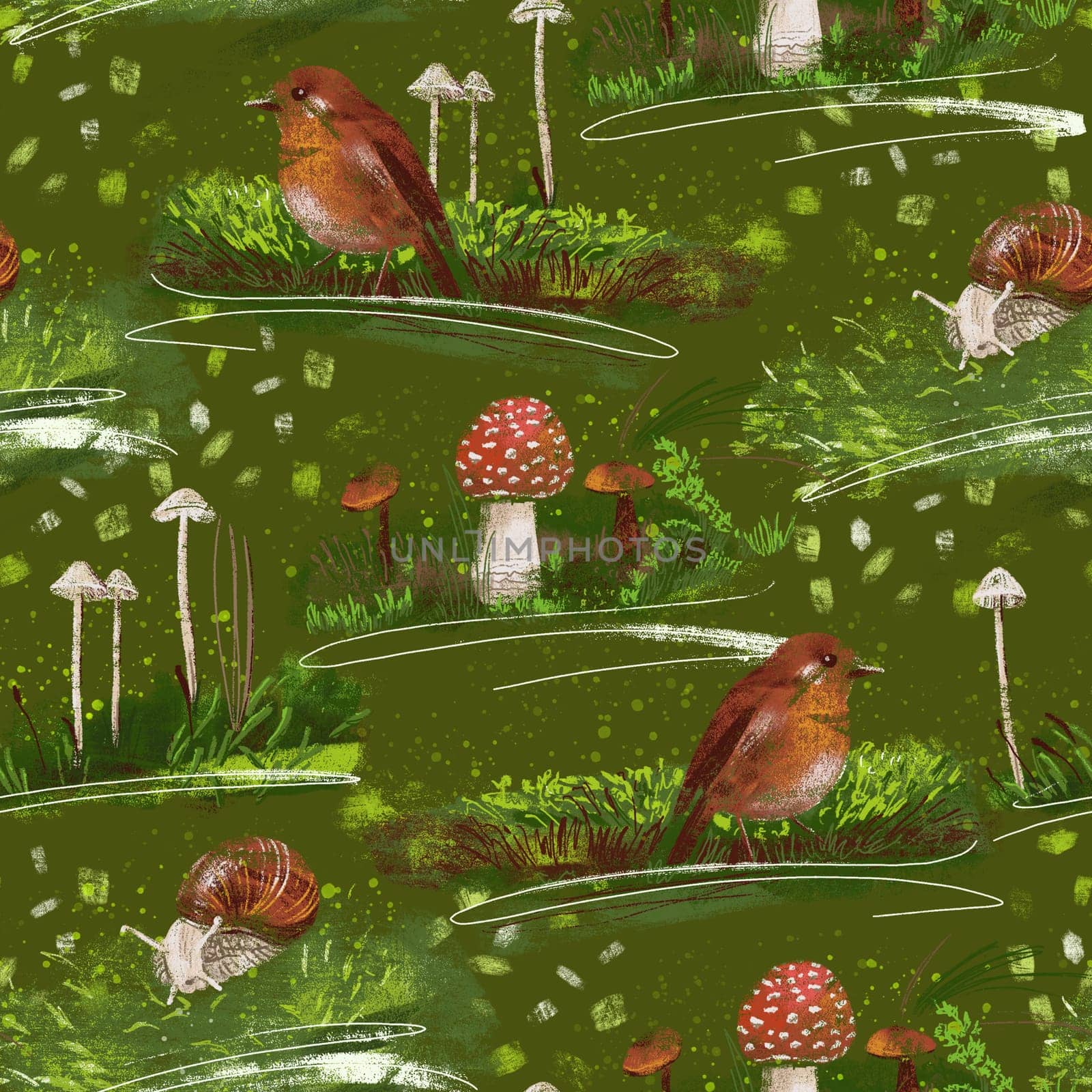 Seamless pattern with forest macro scenes Mushrooms, snail and bird among mosses by maryna_rt