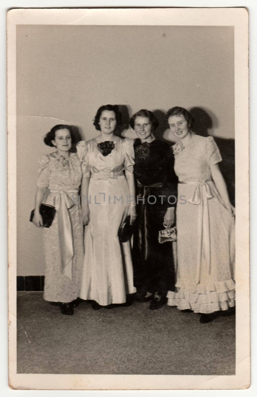 TABOR, THE CZECHOSLOVAK REPUBLIC - FEBRUARY 5, 1939: Vintage photo shows a dancers - girls pose during the dancing lessons. Retro black and white photography. Circa 1940s.