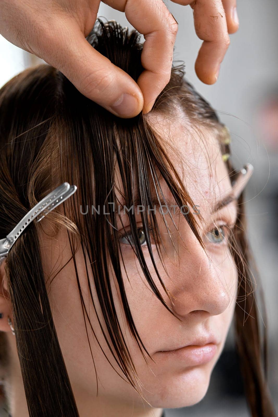 Professional male hairdresser cutting female hair in salon