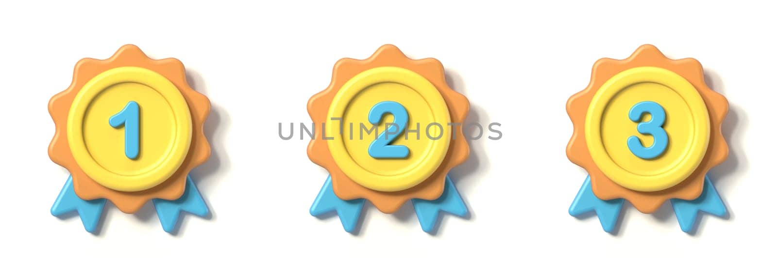 First, second and third place medals 3D rendering illustration isolated on white background