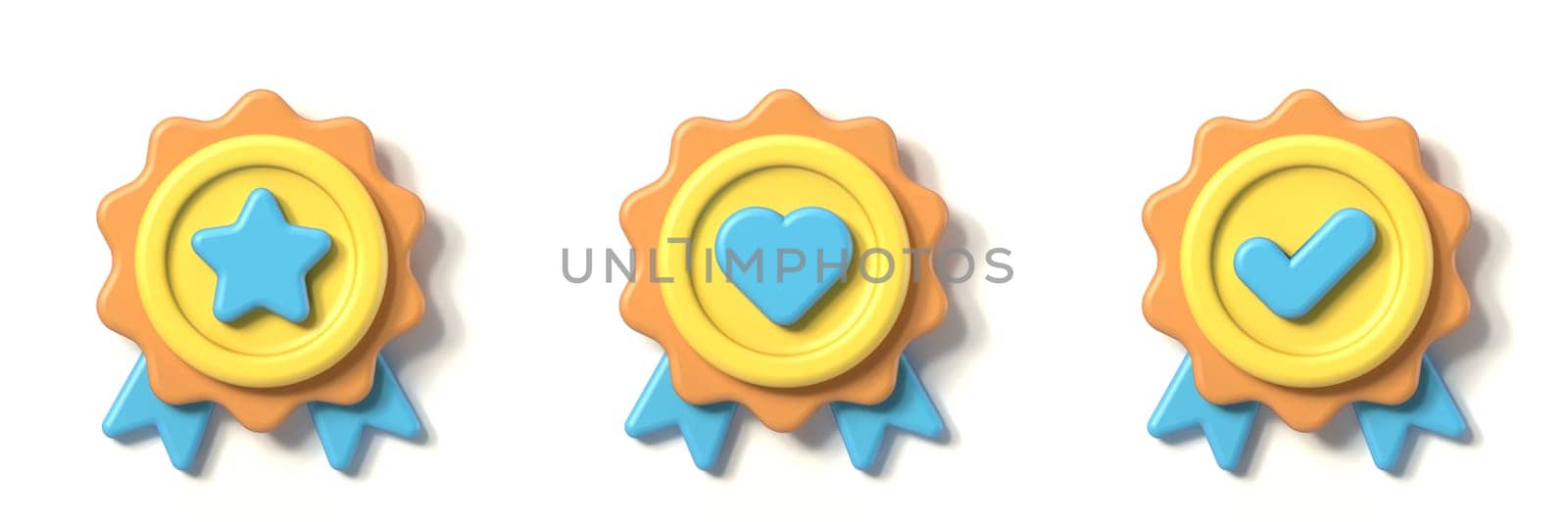 Blue yellow orange badge icon with star, heart and check mark 3D rendering illustration isolated on white background