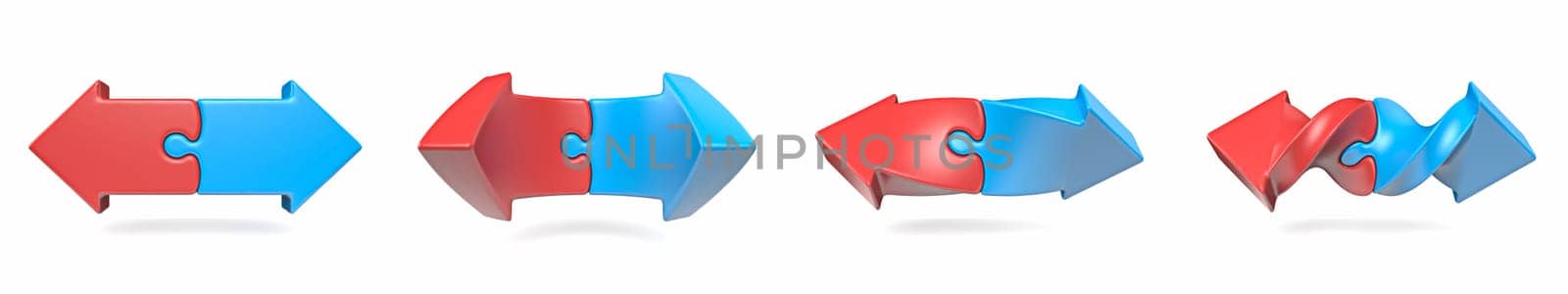 Two head puzzle red blue arrows 3D rendering illustration isolated on white background
