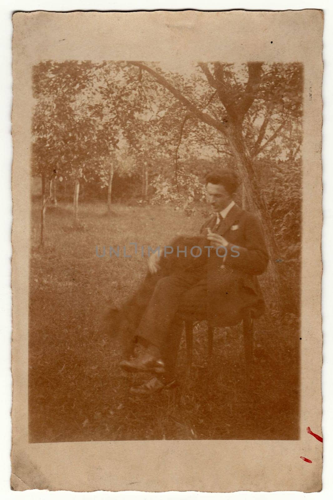 MALENICE NAD VOLYNKOU, THE CZECHOSLOVAK REPUBLIC - AUGUST 28, 1924: Vintage photo shows man sits on a chair in the garden. Retro black and white photography with sepia effect.