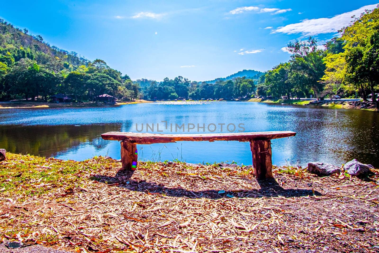 empty park benchon Lake Nipissing during a beautifully colourful spring