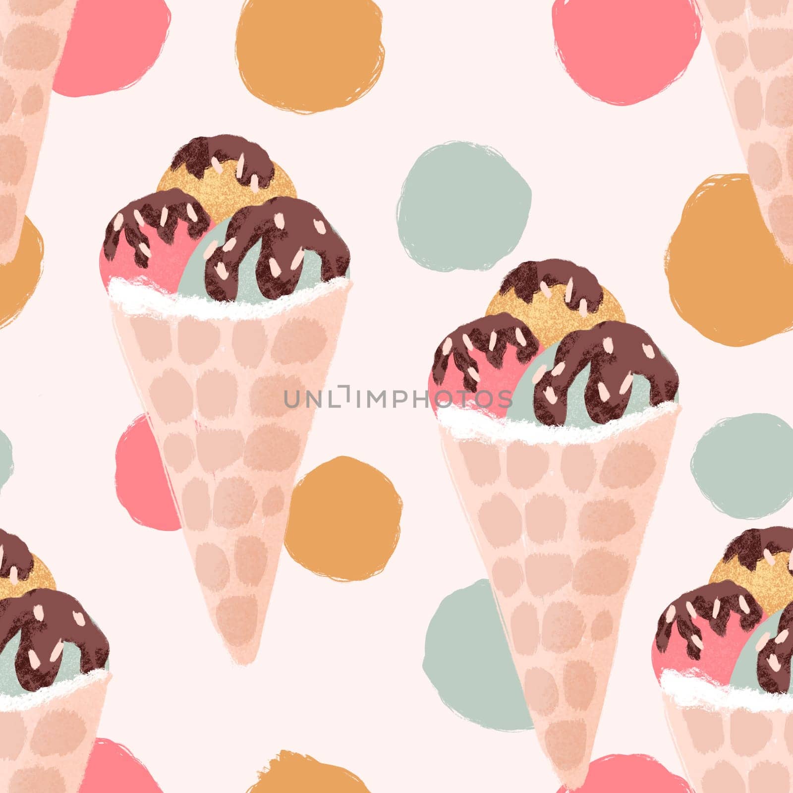 Hand drawn seamless pattern of ice cream in cup bowl, retro vintage style. Pink mint yellow round shape with chocolate, sweet tasty summer holiday food, fun design for colorful beach art. by Lagmar