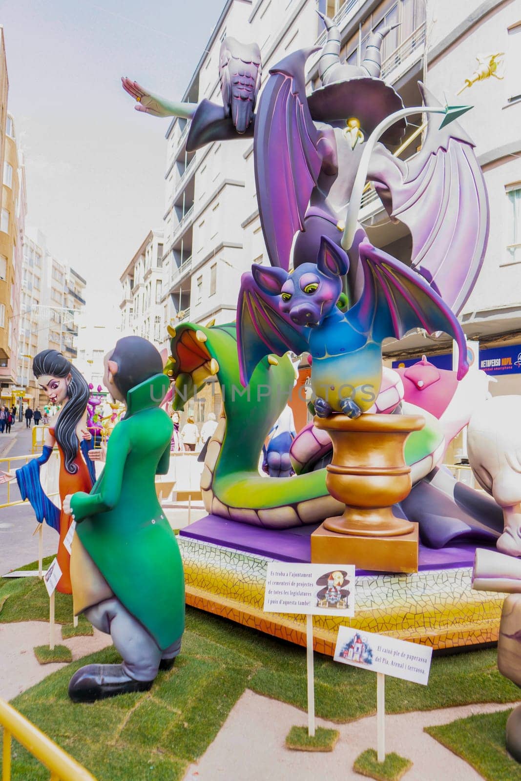 Burriana, Spain 18-03-2023: View of the sculpted monument for its exhibition and its burning in the Burriana fallas festivities.