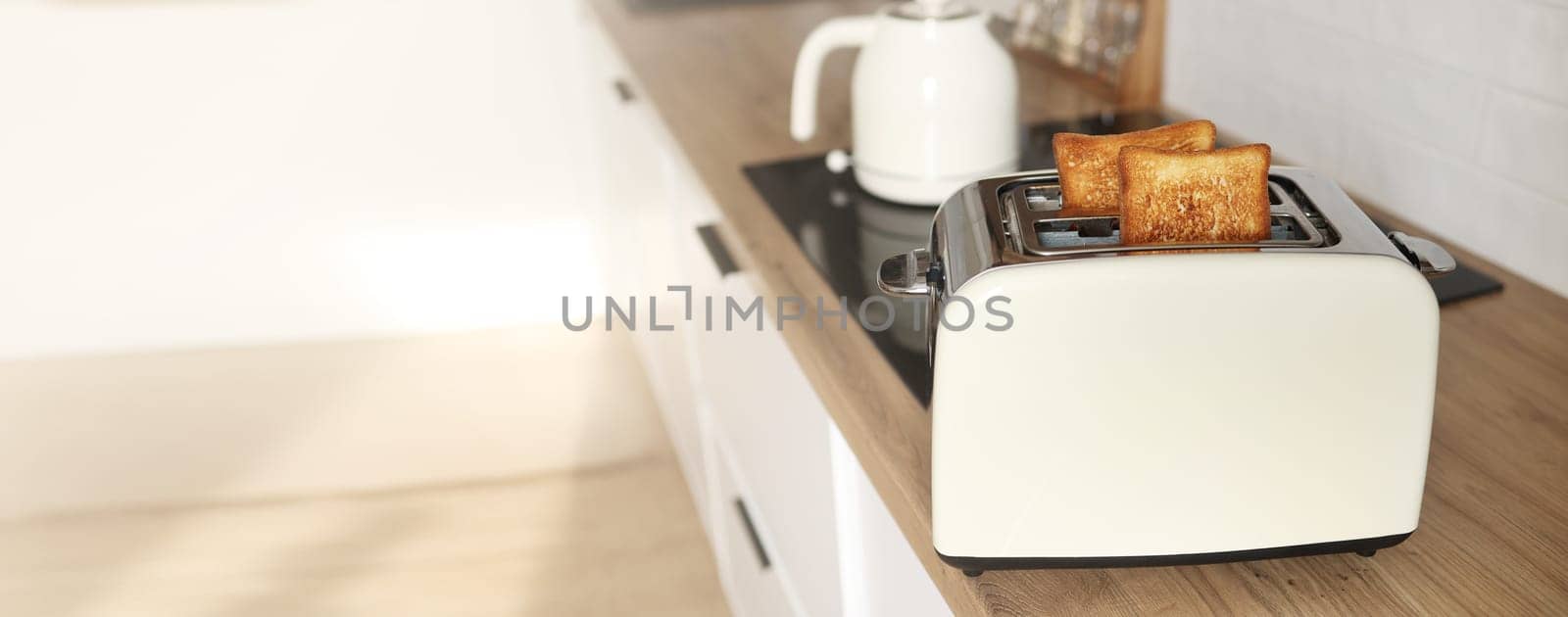 banner of Modern white toaster and roasted bread slices toasts inside on wooden table in kitchen. copy space.