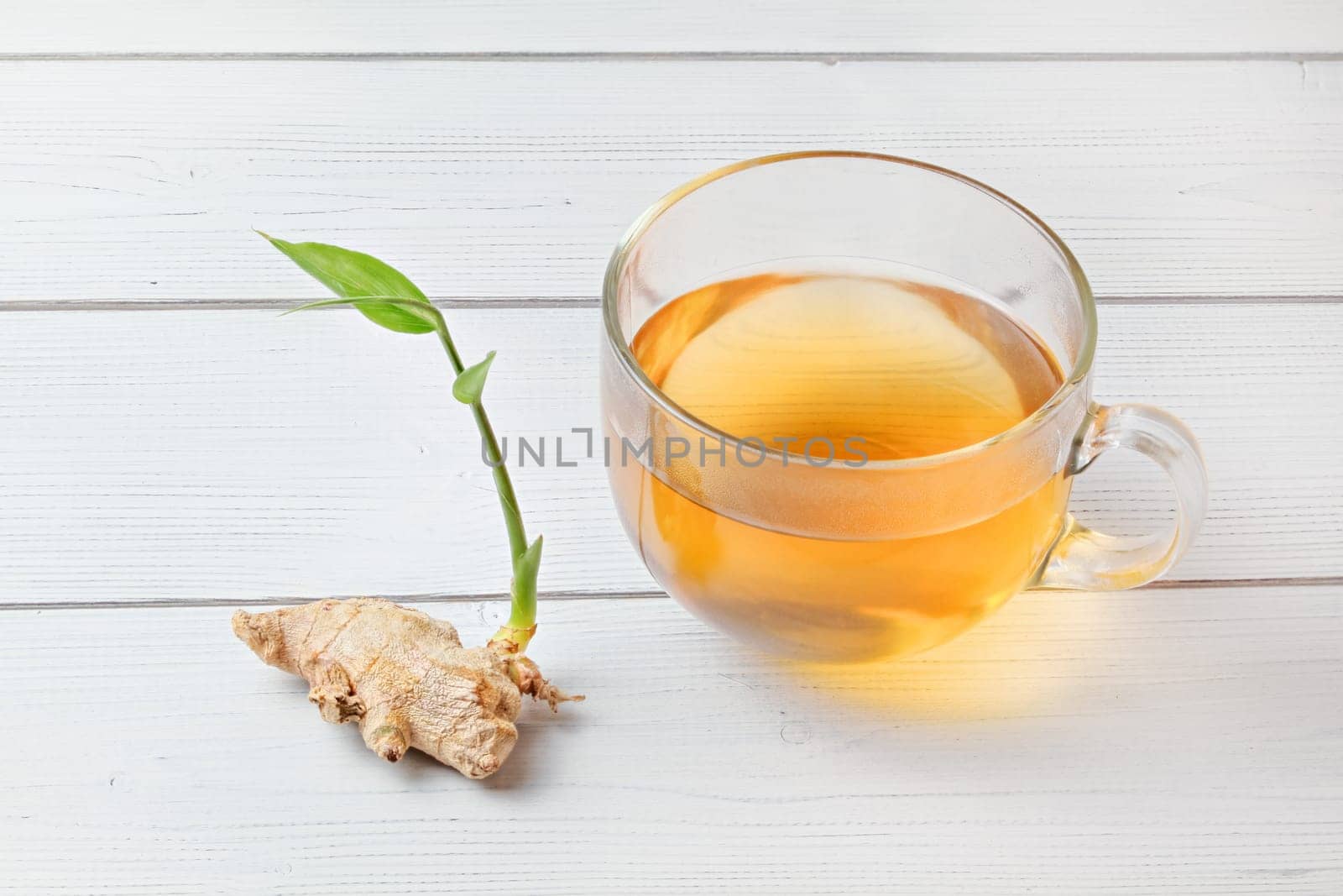 Cup of freshly brewed amber tea, hot steam makes tiny wet drops on glass. Dry ginger root with green sprout next to it.
