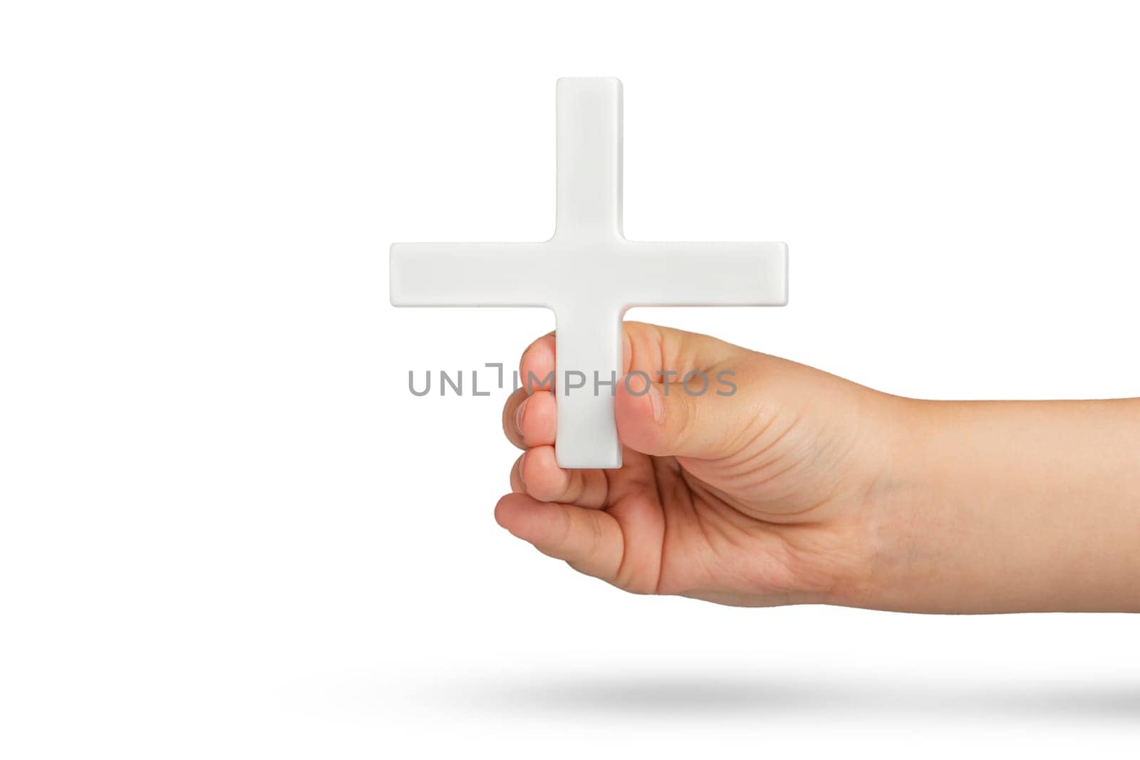 White plus symbol in hand. The concept of social security, and health insurance. Personal development, growth concept. Mathematical symbol plus of white color in hand on a white isolated background.