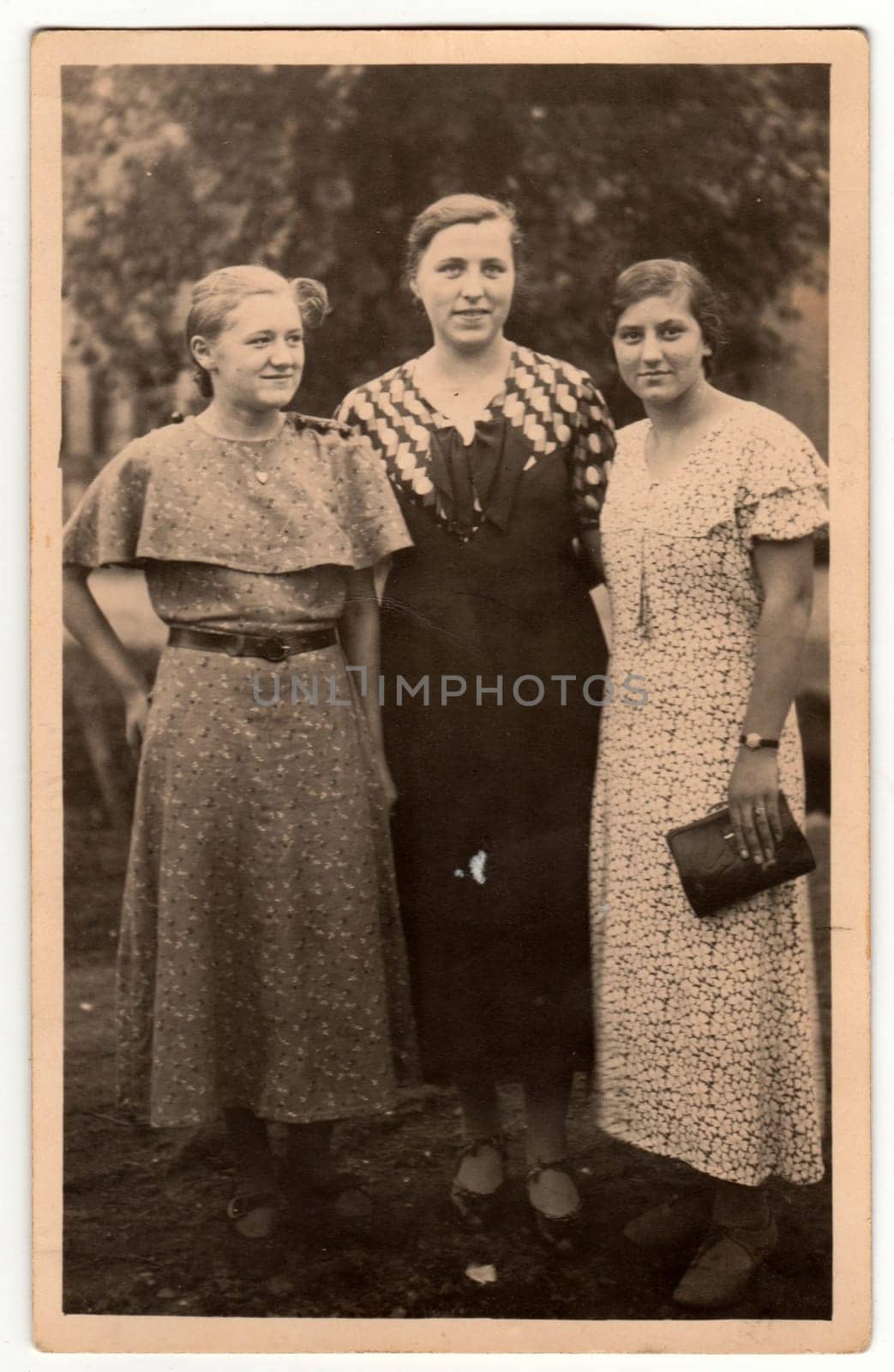 Vintage photo shows three mature woman poses outdoors. Retro black and white photography. Circa 1940s. by roman_nerud