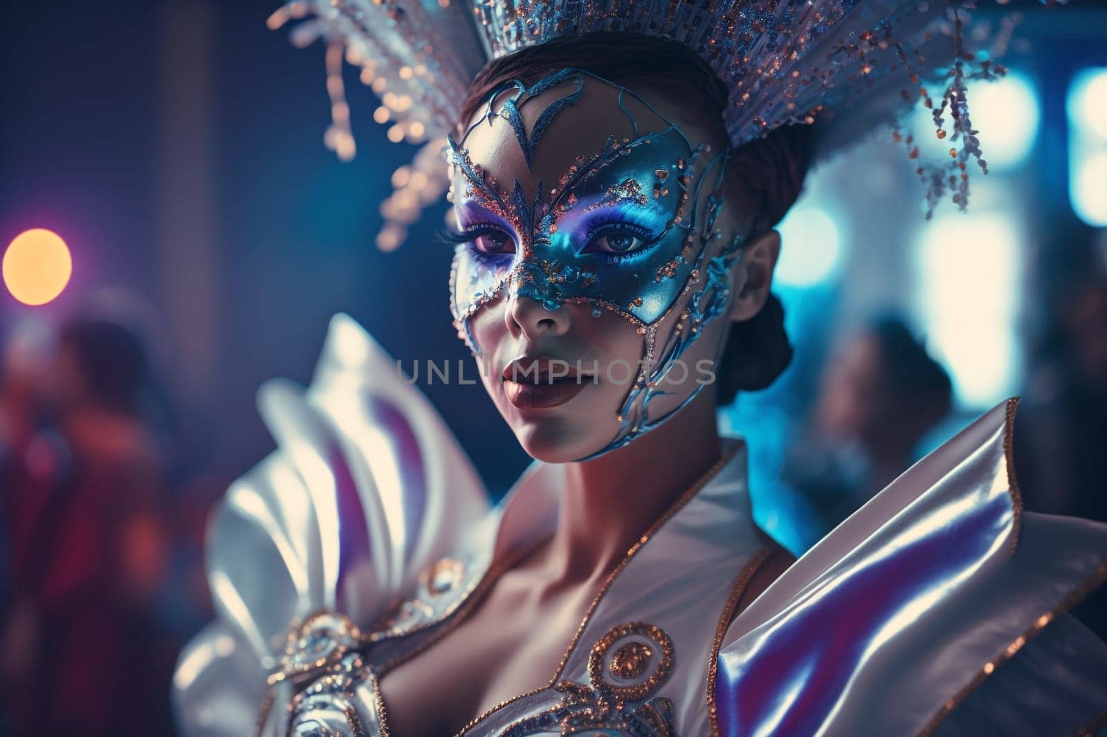 Carnival party festival mask. Colourful mardi gras beads, confetti, feathers. Popular Event in Brazil. Festive Mood.entertainment luxury . Generative AI