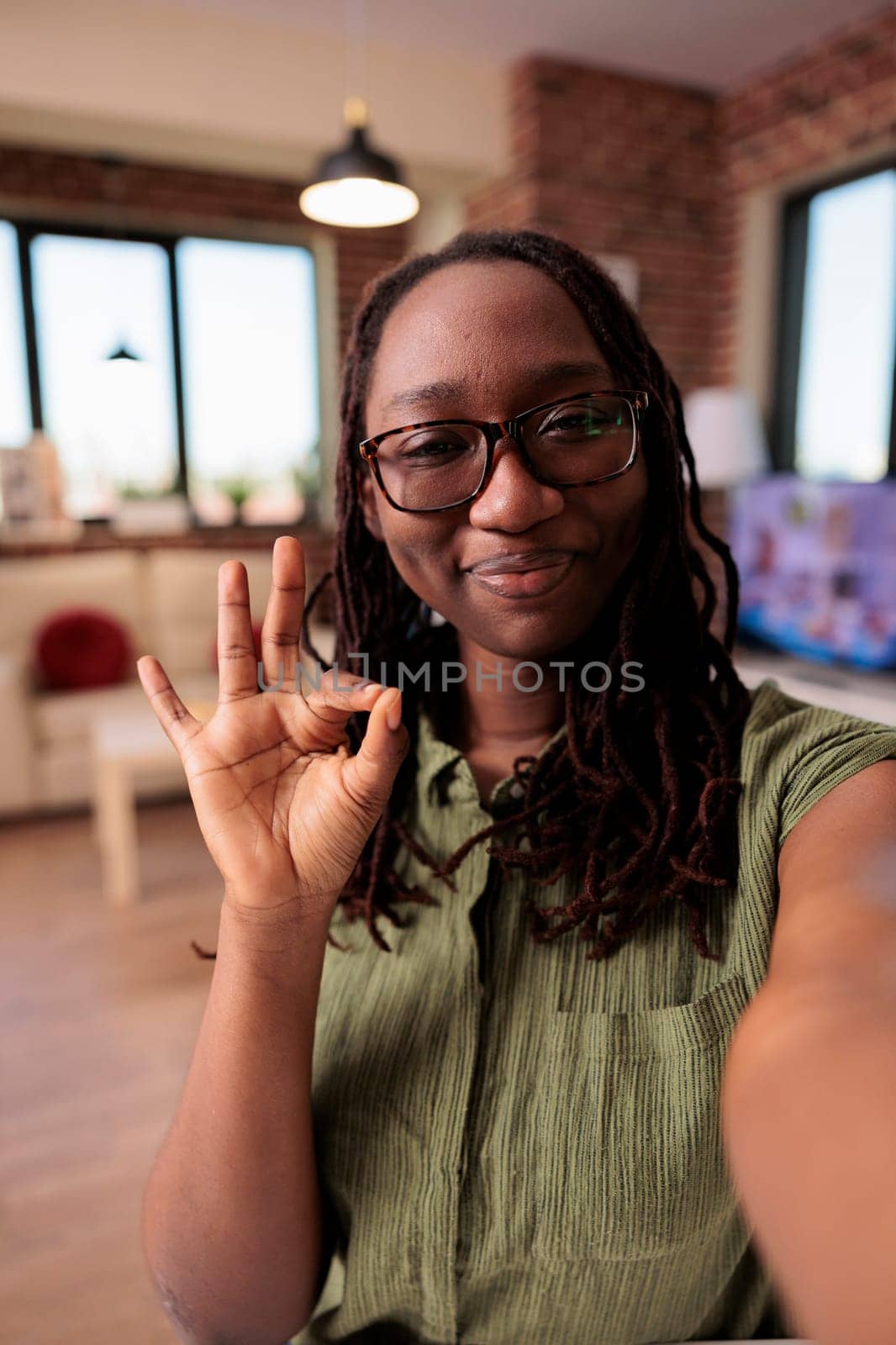 Entrepreneur working remote making ok sign in front of camera in video call conference in home living room. African american woman smiling at camera doing hand gesture while talking with colleagues.