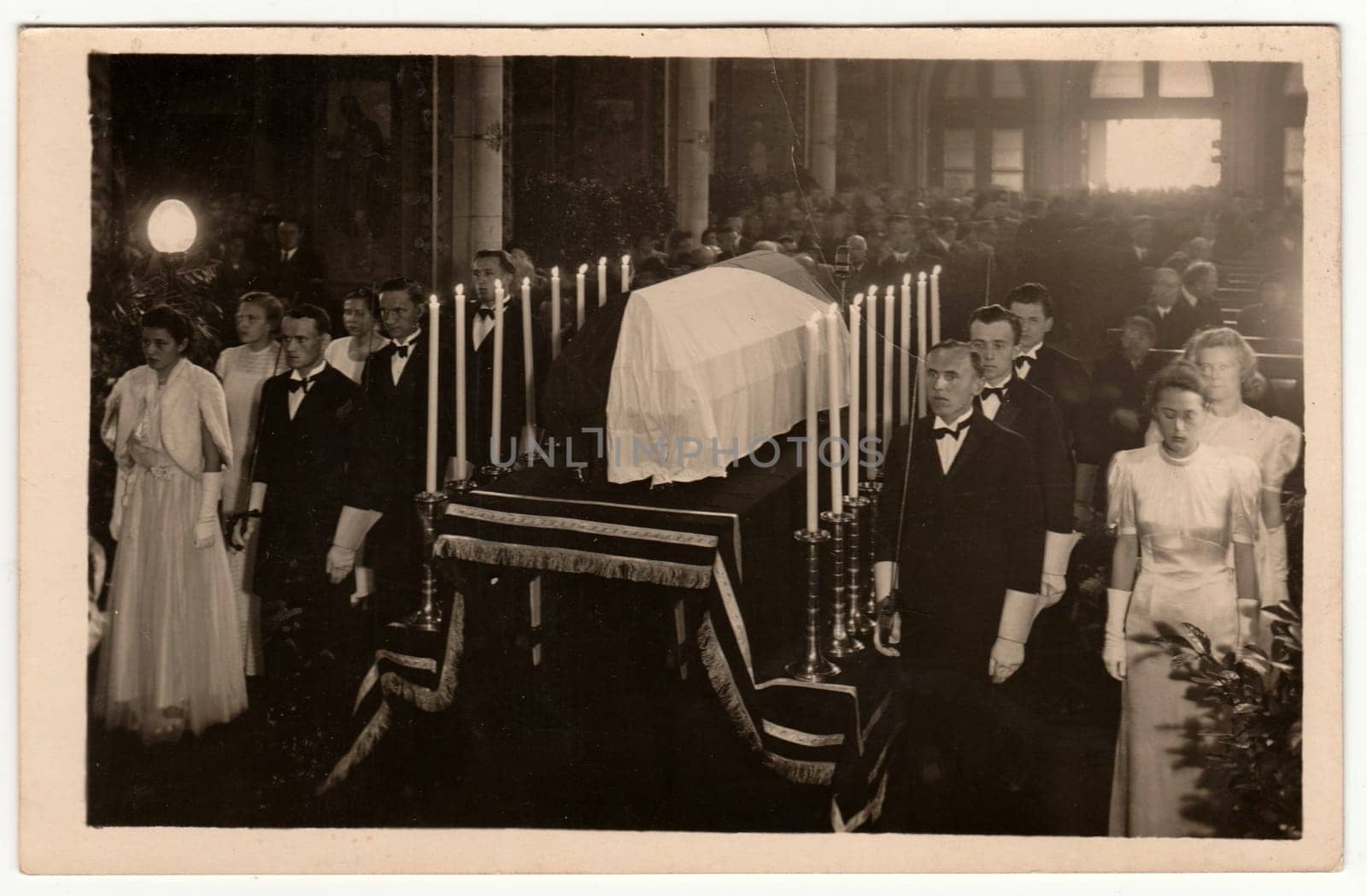 PRAHA PRAGUE, THE CZECHOSLOVAK REPUBLIC - MAY 7, 1939: Vintage photo shows the funeral of Karel Hynek Macha famous Czech poet. Retro black and white photography.
