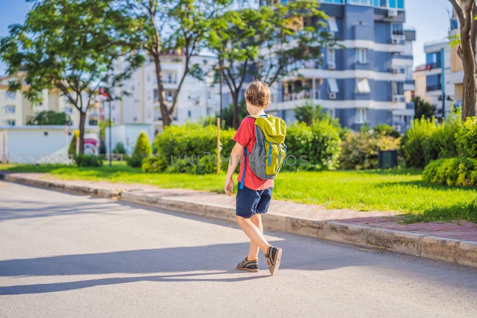 Little boy with a backpack go to school. Back view.