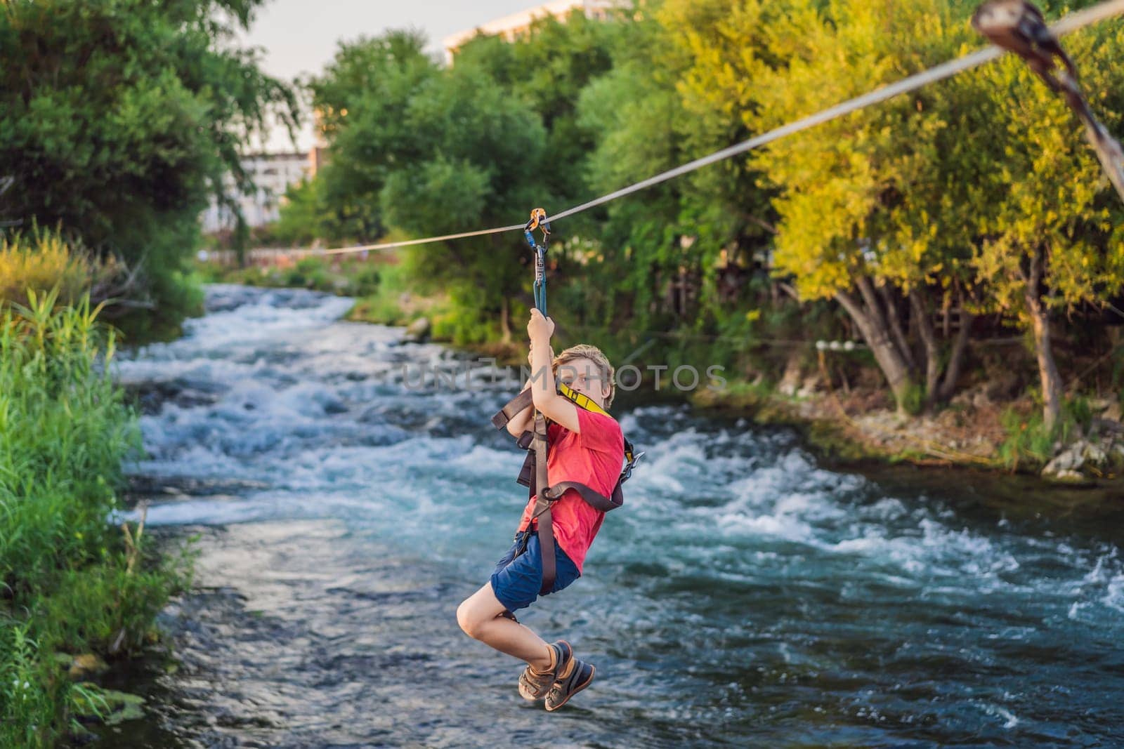 Kid Zipline, Zipline Over the River. Kid Adventure.