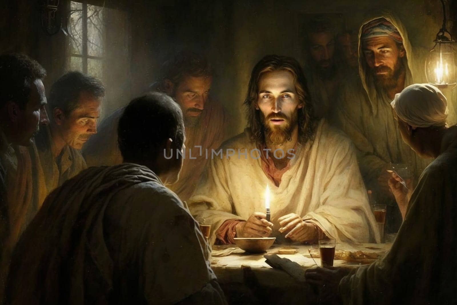 The Last Supper. The religious concept of the assembly of Jesus Christ with the 12 apostles. Bible. Faith. Drawing with paints. Painting.