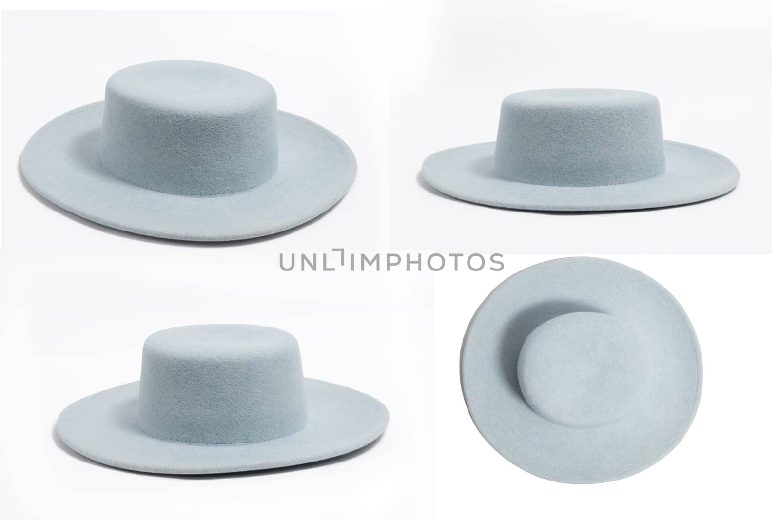 Set of 4 angles Stilish summer blue hat for women, isolated white background.