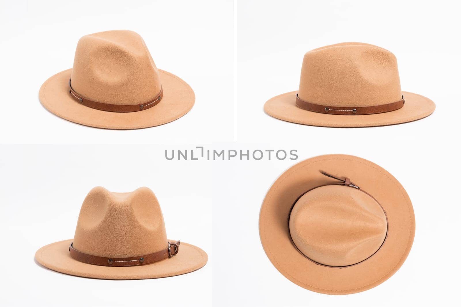 Set of 4 angles stilish brown safari style hat with strap for women, isolated white background.