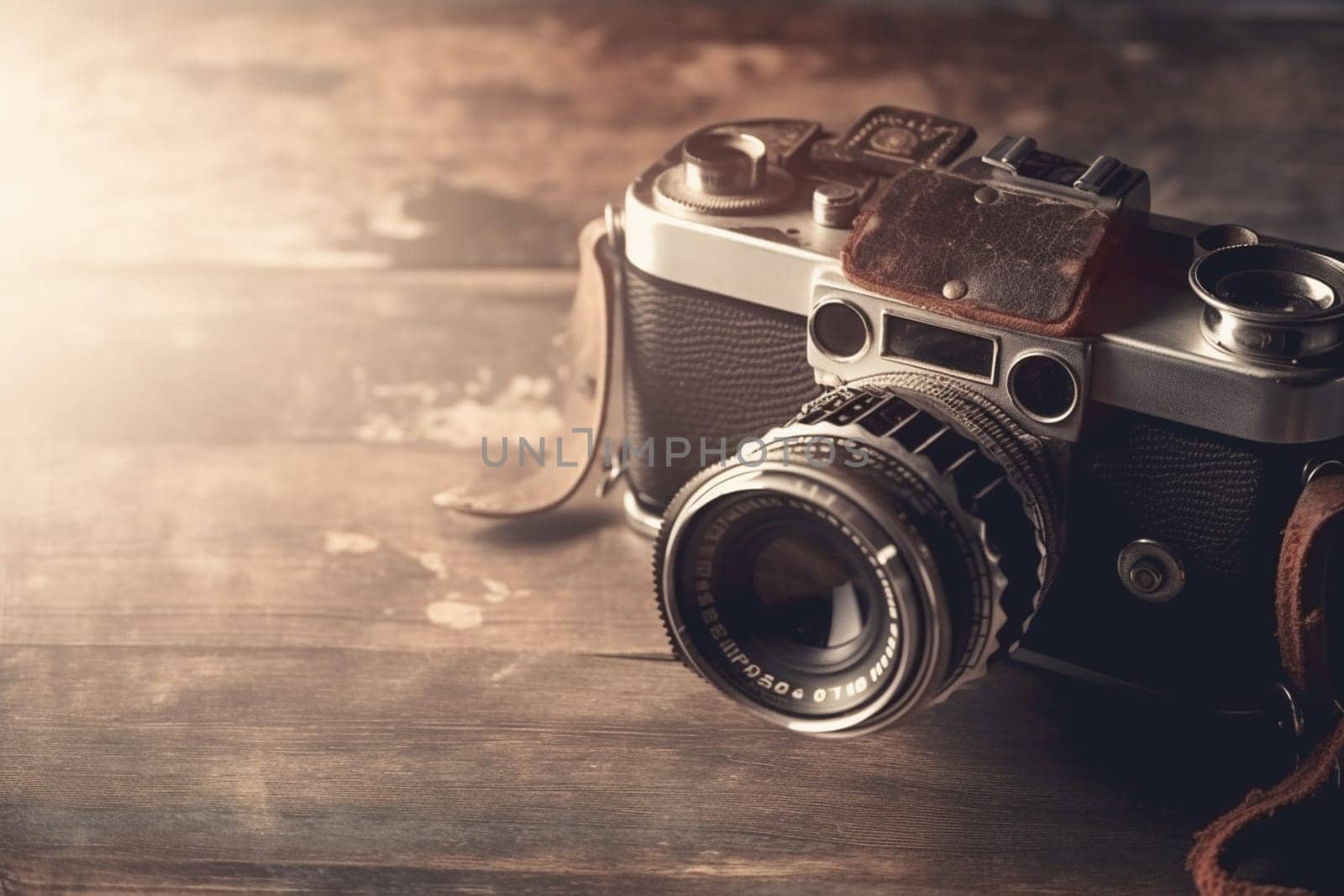 Old retro camera on vintage background. 90's concepts. Vintage style filtered photo. Concept on the theme of history, nostalgia, old age. Retro style.