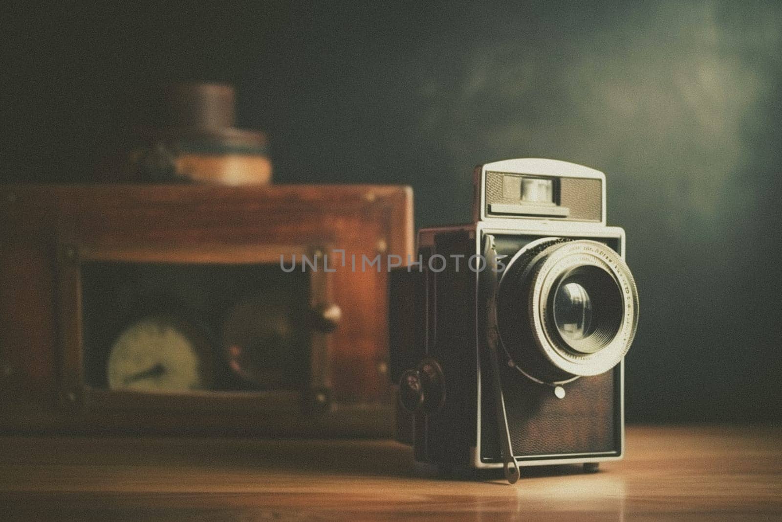 Old retro camera on vintage background. 90's concepts. Vintage style filtered photo. Concept on the theme of history, nostalgia, old age. Retro style.