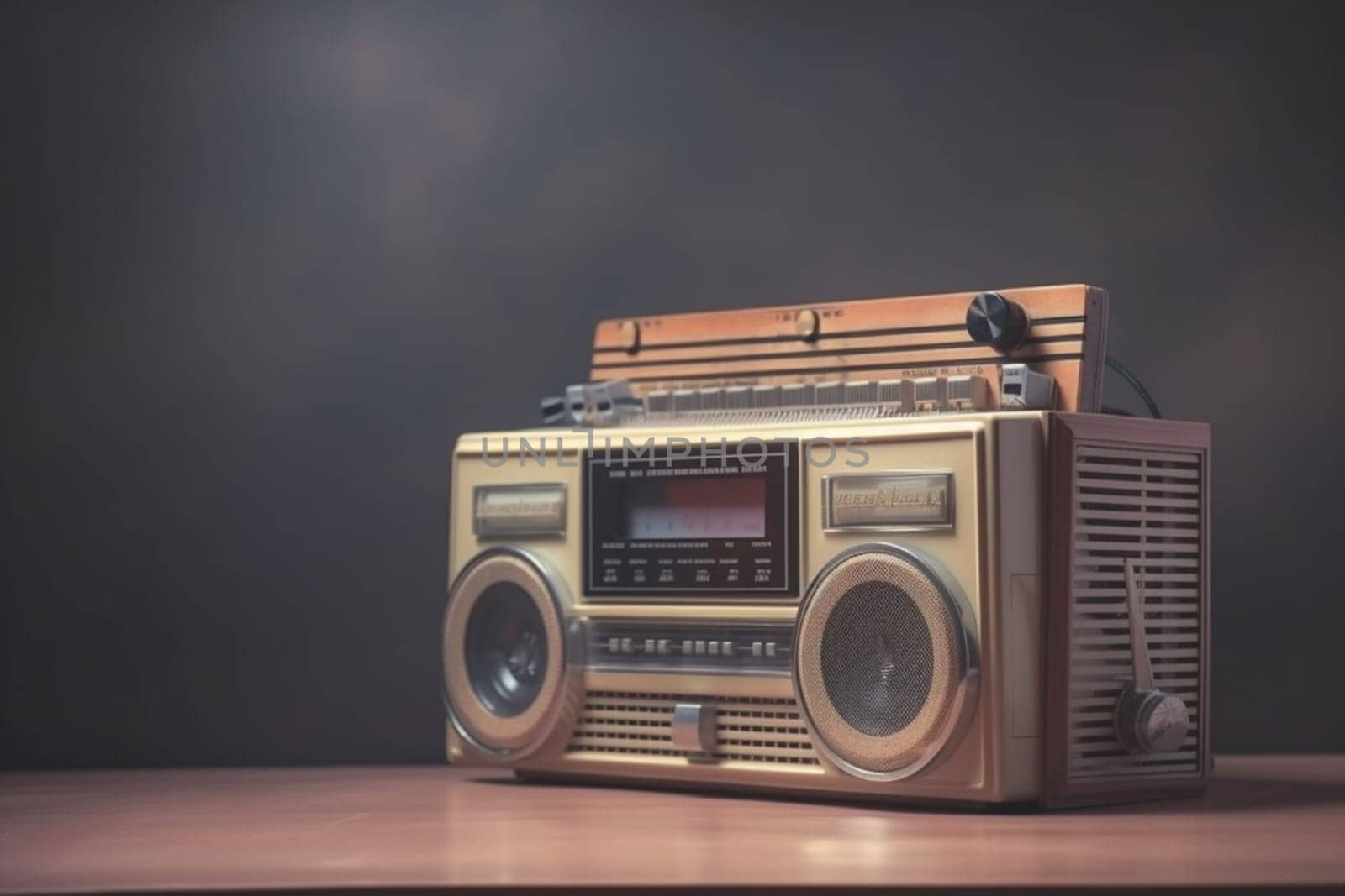 1990s retro radio cassette player on background. 90's concepts. Vintage style filtered photo. Concept on the theme of history, nostalgia, old age. Retro style.
