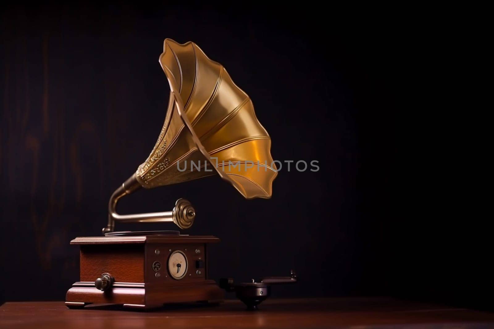 Vintage antique aquamarine gramophone phonograph turntable on background. 90's concepts. Vintage style filtered photo. Concept on the theme of history, nostalgia, old age. Retro style.