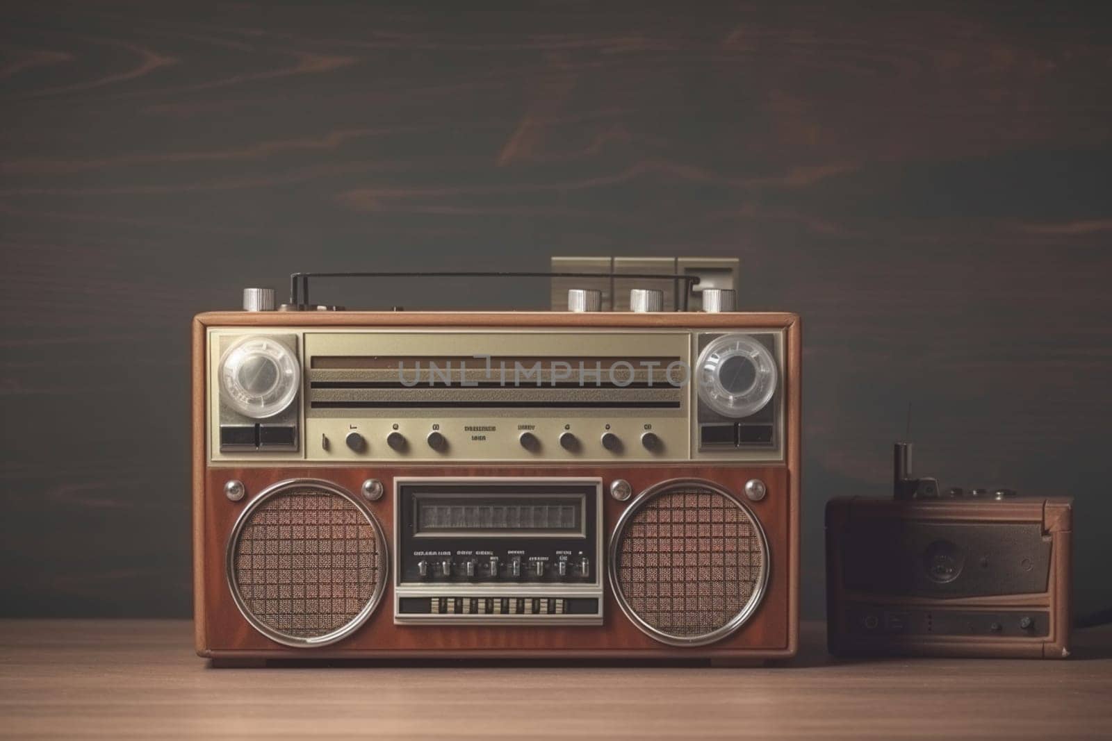 1990s retro radio cassette player on background. 90's concepts. Vintage style filtered photo. Concept on the theme of history, nostalgia, old age. Retro style.