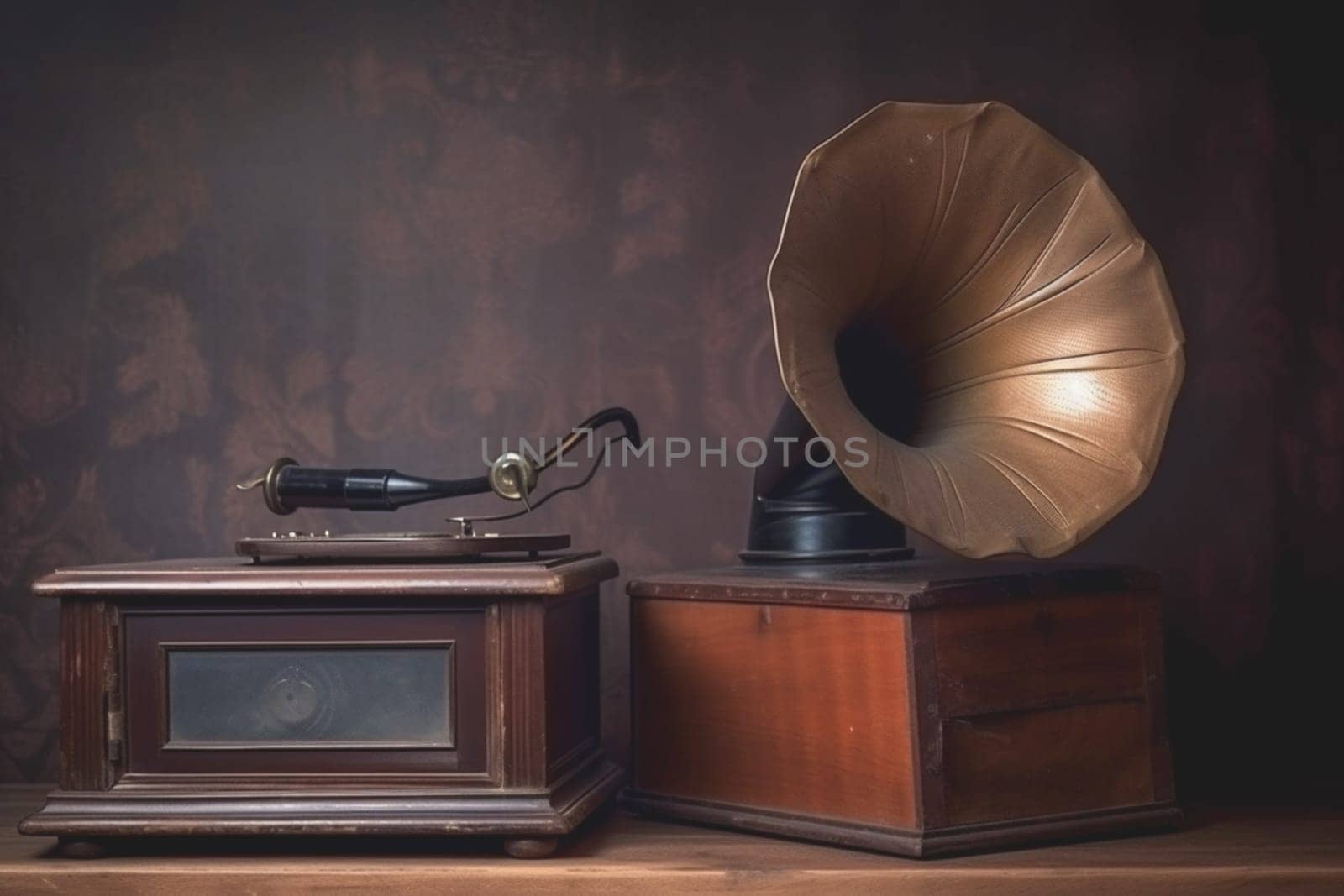 Vintage antique aquamarine gramophone phonograph turntable on background. 90's concepts. Vintage style filtered photo. Concept on the theme of history, nostalgia, old age. Retro style.