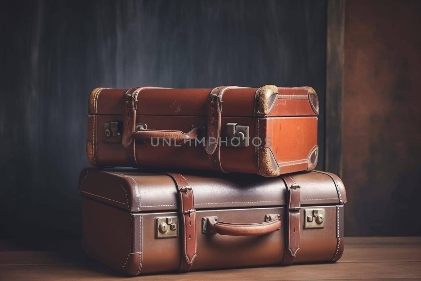 Vintage old classic travel leather suitcases on background. 90's concepts. Vintage style filtered photo. Concept on the theme of history, nostalgia, old age. Retro style.