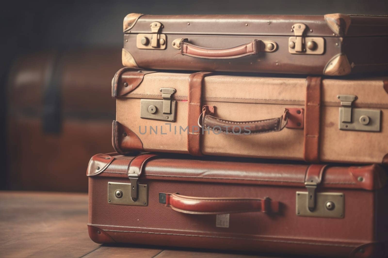 Vintage old classic travel leather suitcases on background. 90's concepts. Vintage style filtered photo. Concept on the theme of history, nostalgia, old age. Retro style.